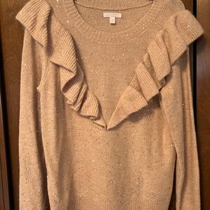 Lauren Conrad light mauve sweater with sparkles and a ruffle in the front